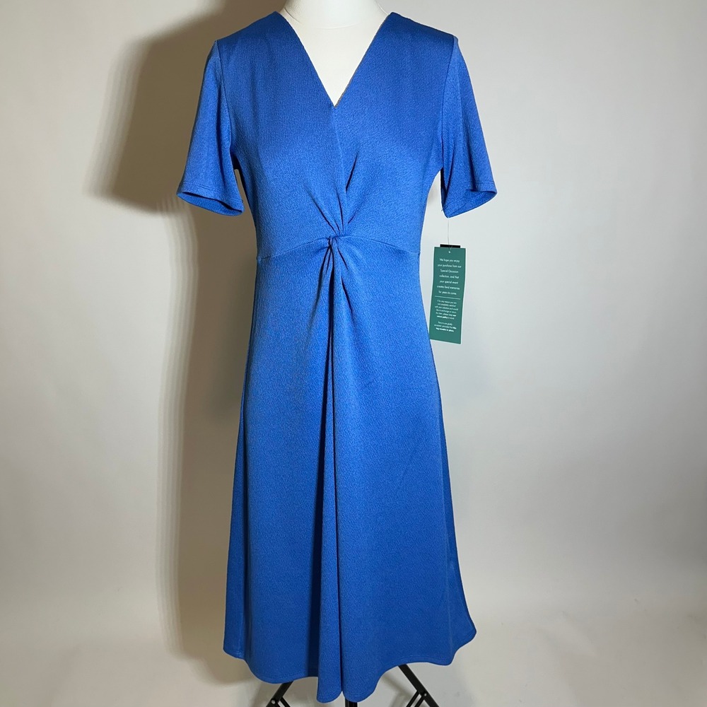 NWT MSK Blue V-Neck Short Sleeve Twist Front Midi Dress Womens Petite Size PL
